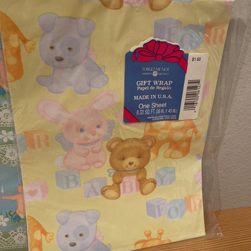 Vintage‎ Gift Wrap Lot Sheet Babies Baby Shower Bunnies Pleasant Thoughts